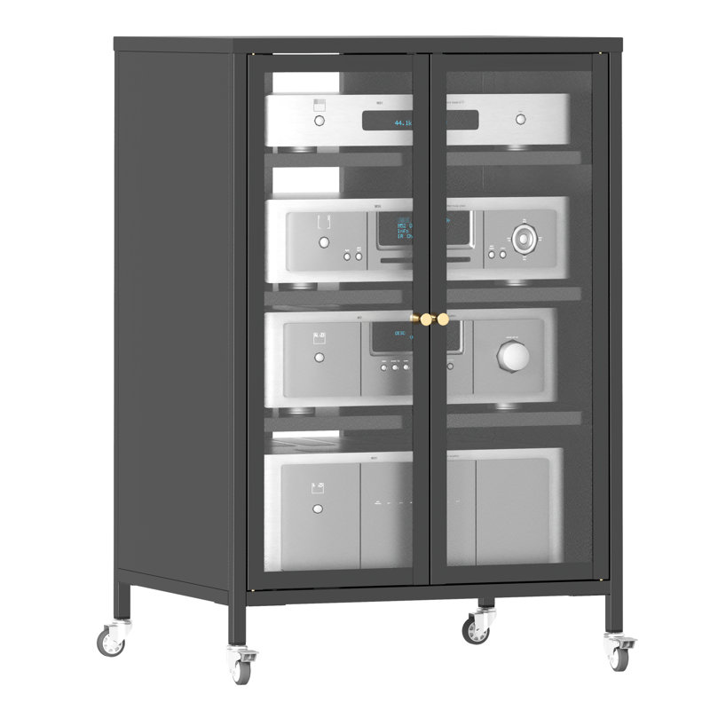 Meuble audio-vidéo de 35,8 po de hauteur avec 4 tablettes réglables en verre, structure en acier, roues et gestion des câbles pour installation télé