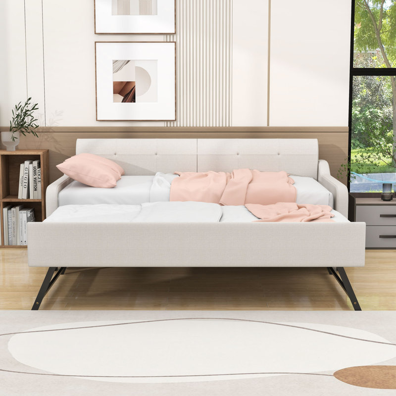Twin Size Upholstered Daybed with Twin Trundle and USB Charging, Beige