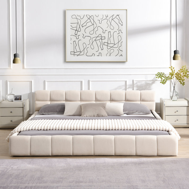 Cadre de lit en chenille beige de très grand lit, motif à damier pour une mise à jour élégante, confortable pour dormir avec tête de lit, nuit paisible, aucun sommier requis