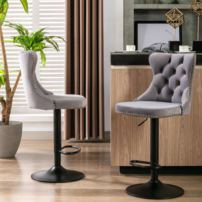 Tabourets de bar pivotants en velours, hauteur d'assise réglable de 63,5 à 84 cm, base de 45 cm, tabourets de bar modernes et confortables avec dossier capitonné, parfaits pour la maison, un pub ou un îlot de cuisine, ensemble de 2