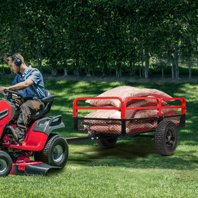 Heavy Duty Steel Dump Cart, 750 lbs Capacity Utility Trailer with Removable Sides, 15 Cu Ft, Dual Dump Lever & Pedal, Universal Hitch, 16" Pneumatic Tires for Tractors, ATVs, UTVs, Red