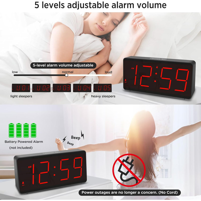 Battery Operated Digital Clock Alarm Clock Cordless Large Big Numbers 4 Dimmers For Seniors Adjustable Volume Loud Alarm Clock For Heavy Sleepers Adults (Red Digits)