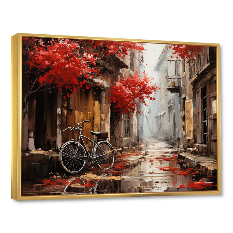 Crimson Ride Red Flowers I - Art mural de bicyclette pour le salon, H 12 po x l 20 po x P 1 po, Cadre flottant doré