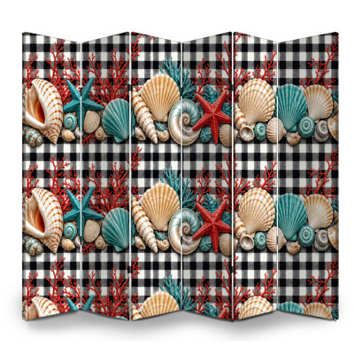 Paravent pliant à 6 panneaux, séparation de pièce, motif coquillages royaux et étoiles de mer, rouge corail, vichy noir et blanc, en toile, cloison de protection autoportante, séparation d'intimité pour salle de bain