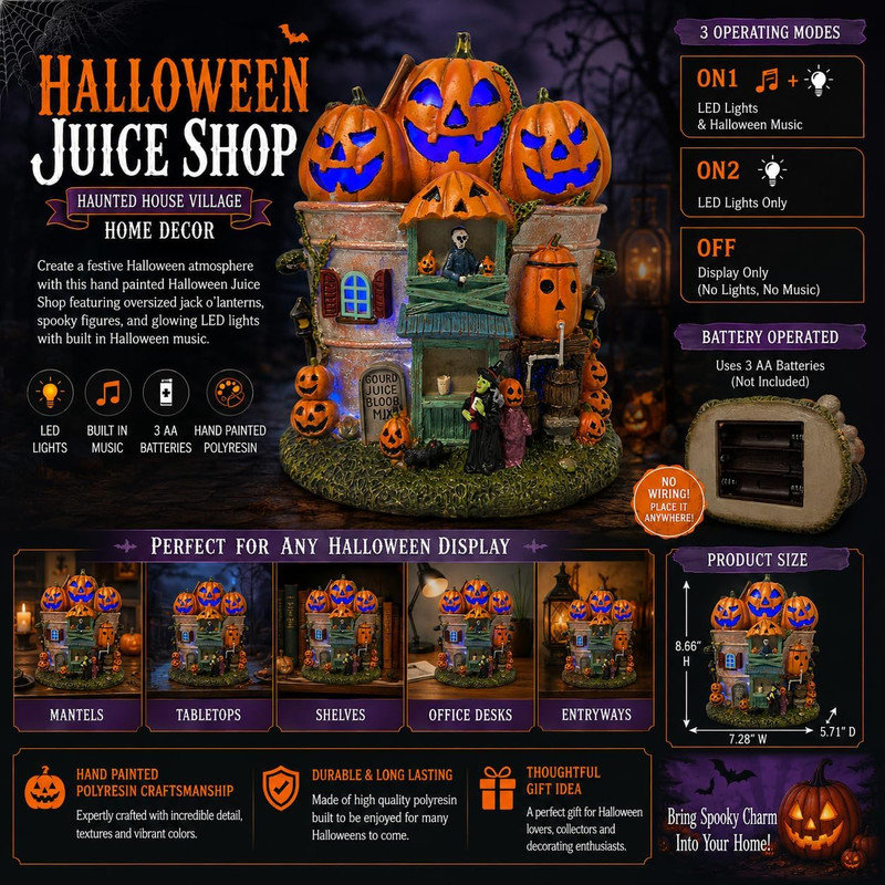 8,66 po H Halloween Juice Shop - lumières DEL, musique, pile - résine peinte à la main