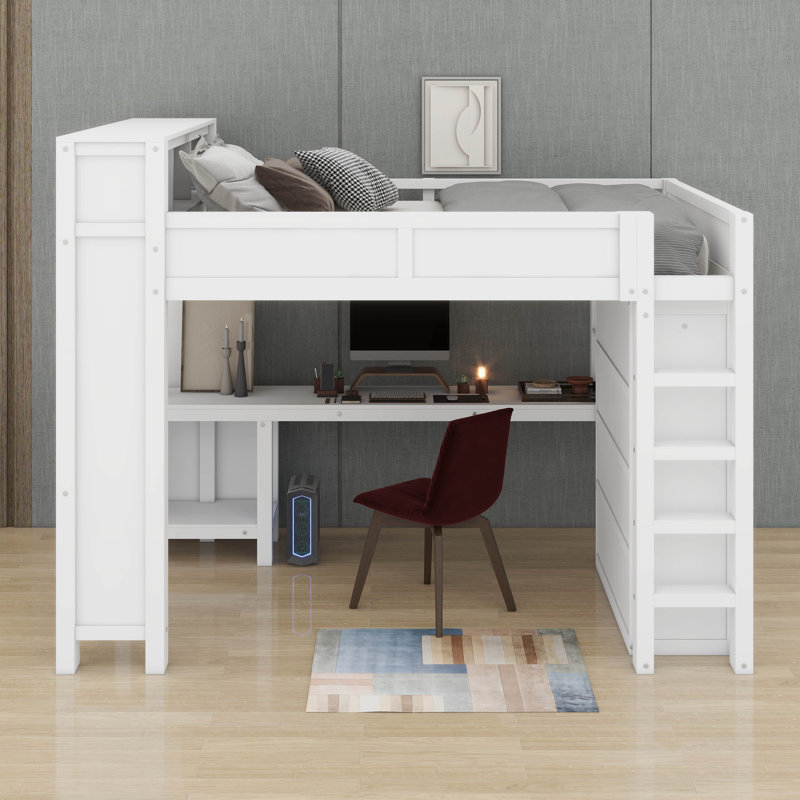 Grand lit mezzanine avec garde-robe et bureau, Blanc