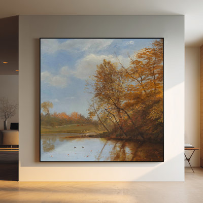 Très grand reproduction d'art sur toile - Paysage de rivière d'automne avec arbres dorés et reflet de l'eau, décor de scène naturelle pour le salon ou la chambre à coucher «Assemblage requis (cadre non fini)»