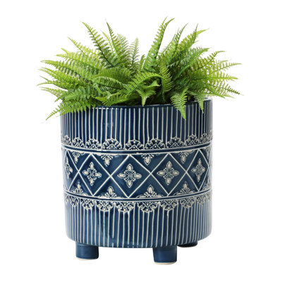 Debossed Stoneware Footed Planter with Pattern