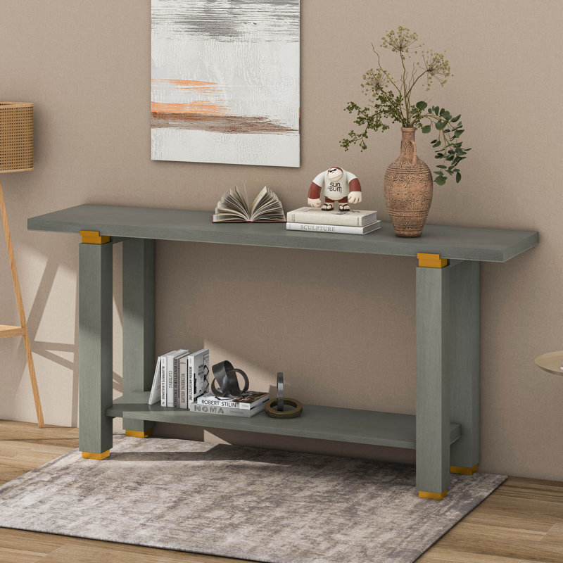 Console de 62,9 po avec console minimaliste moderne, canapé d'entrée en bois de pin massif avec détails en métal, tablette de rangement ouverte
