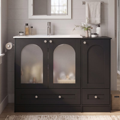 Meuble-lavabo autoportant 42 po avec lavabo en céramique 42 po, porte en verre givré, armoire latérale, tiroirs et barre à serviettes