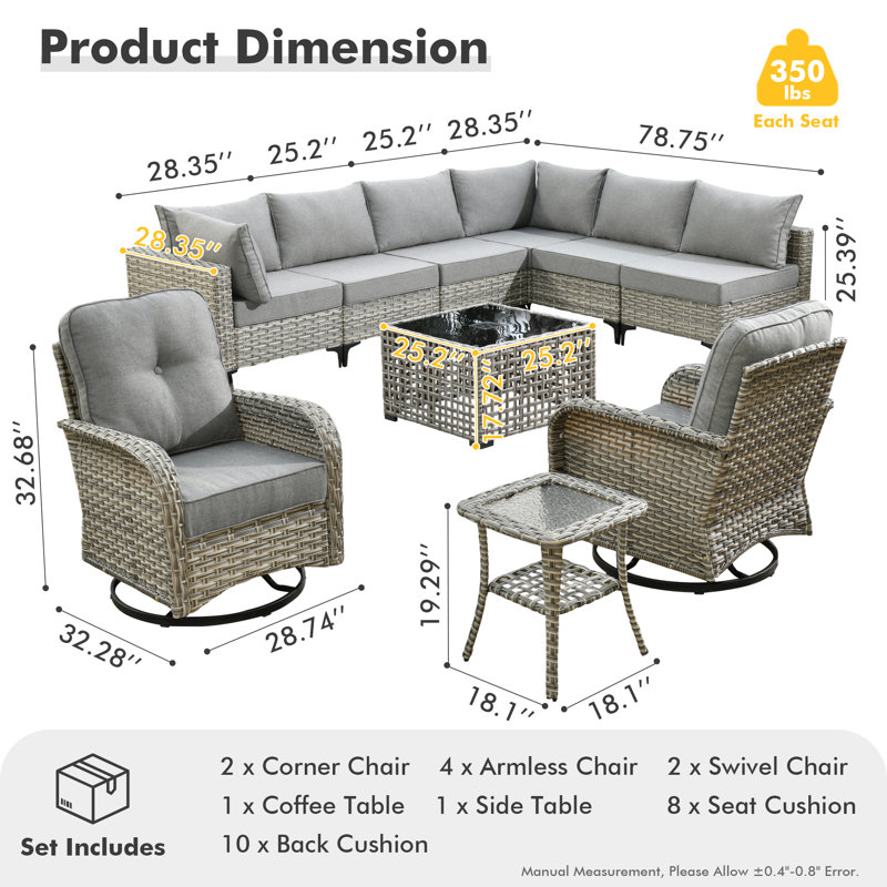 Emroy 8 - Person Wicker/Rattan Sectional Seating Group with Lighted Coffee Table and Swivel Chairs, All Weather Modular Outdoor Conversation Set with Cushions