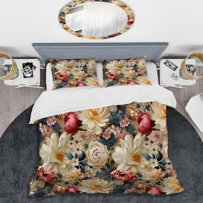 Pivoines éclectiques beiges et roses - Ensemble de housse de couette floral - Microfibre de polyester