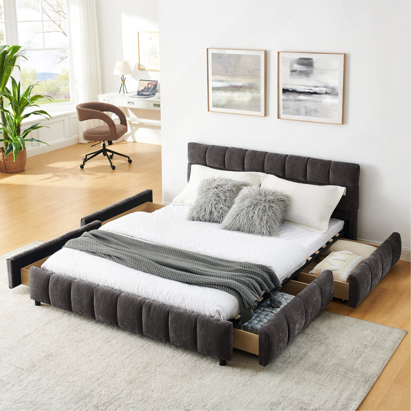 Structure de lit grand format avec rangement en chenille et tête de lit avec tiroirs sous le lit, Grand lit, Gris foncé