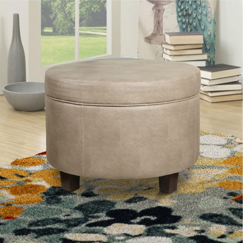 Round Faux Leather Storage Ottoman - Taupe
