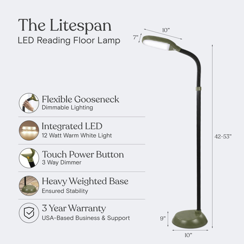 Lampadaire DEL Litespan vert de 135 cm (53 po) à intensité variable, idéal pour la lecture et les travaux manuels, avec tête flexible réglable en hauteur.