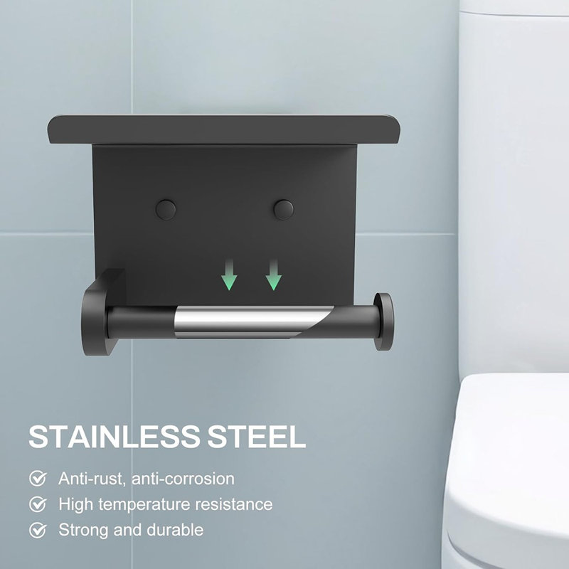 Porte-papier hygiénique mural avec tablette - Adhésif ou vis, porte-papier hygiénique noir mat pour la salle de bain