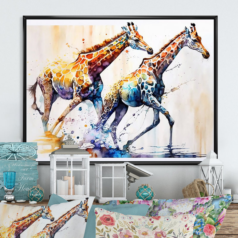 Girafes qui courent - Art sur toile girafe, H 12 po x l 20 po x P 1 po, Cadre flottant noir