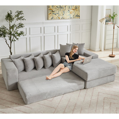 Boneless Oversize Cloud Couch, L-Shape Sofa, Convertible Floor Sleeper Sofa Bed, No Assembly ,Eight Pillows,3-In-1,Side Pocket,Corduroy