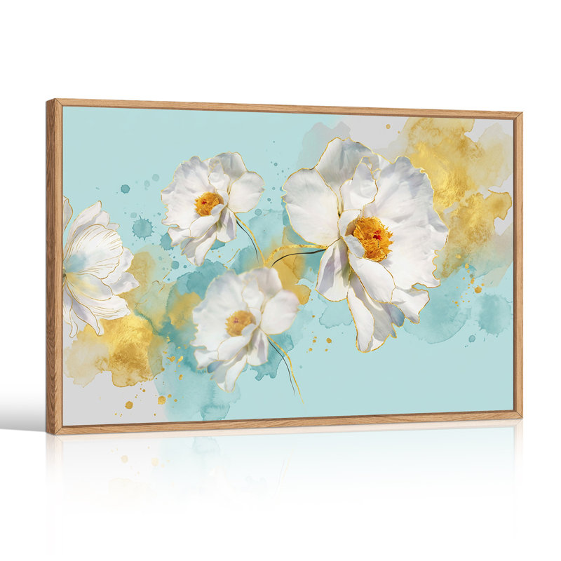 Fleurs blanches à la feuille d'or sur toile aquarelle turquoise, H 32 po x l 48 po