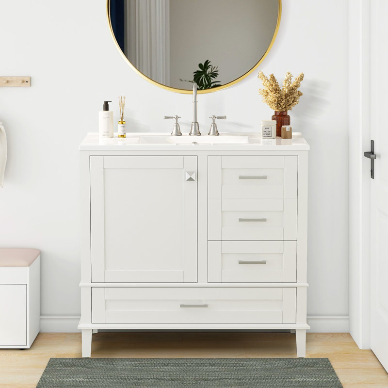 36" Bathroom Vanity With Solid Pine Frame And Ceramic Sink, Silver, White