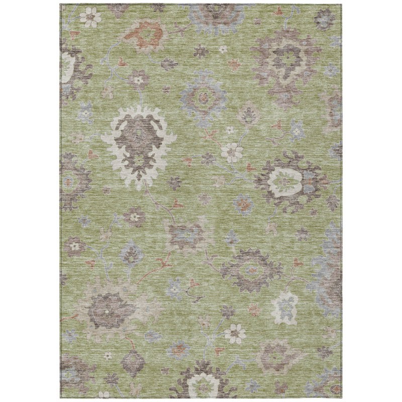 Tapis d'intérieur et d'extérieur à motif floral articulé vert et beige 5 pi x 8 pi