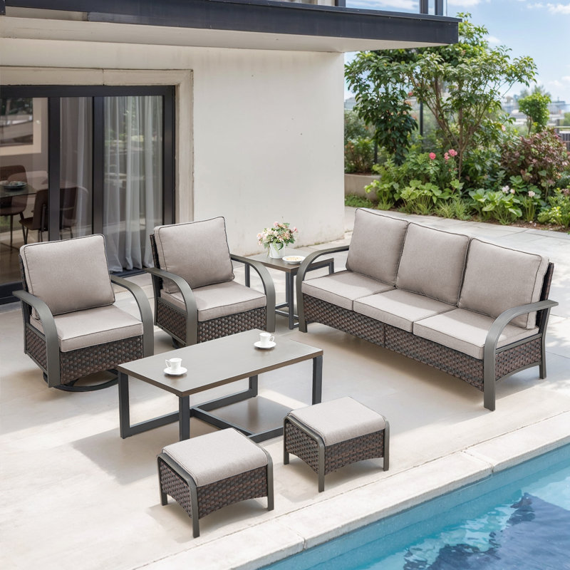 Bobra 6 Pieces Outdoor Backyard Furniture Set With Swivel Chairs, Beige