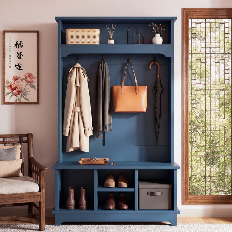 3-in-1 Hall Tree with Shoe Storage & Bench – 39.4” Blue Coat Rack with 5 Hooks & 5 Open Shelves – Modern Entryway Organizer for Bedroom, Living Room, Mudroom – Heavy-Duty, Anti-Tip Included