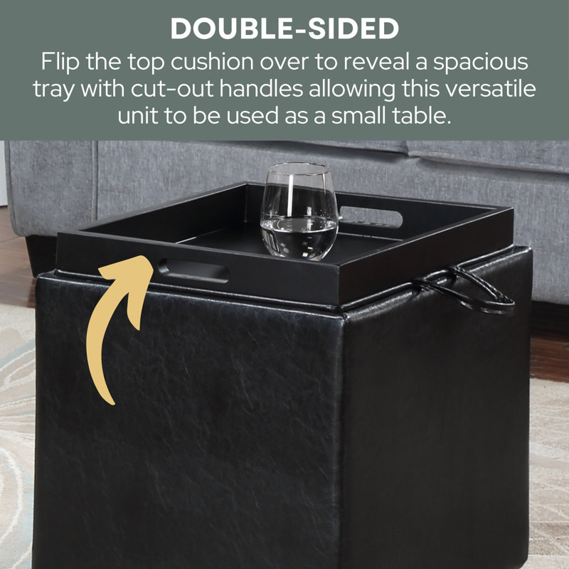 Aihnoa Square Ottoman with Stool and Reversible Tray, Black Faux Leather