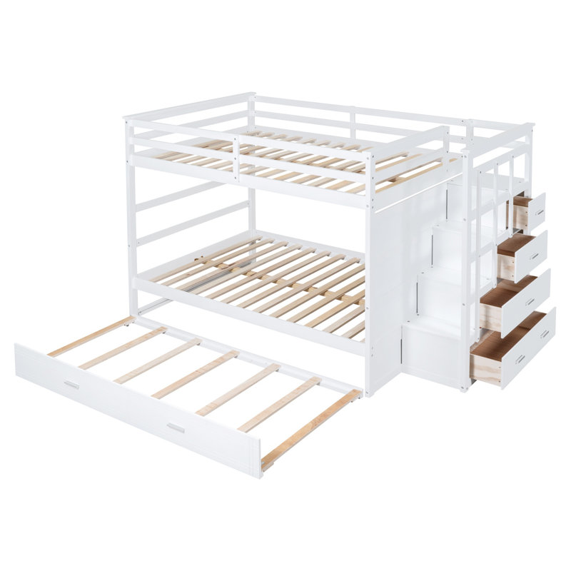 Lit superposé avec lit gigogne, escalier de rangement et tiroirs - Structure en bois massif pour enfants et adolescents