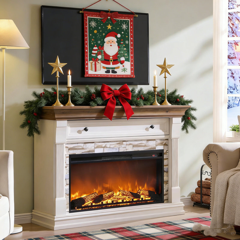 Farmhouse 52" Tv Stand With Electric Fireplace Mantel & Storage Cabinets With 36" Freestanding Heater, Remote-Controlled Adjustable 3D Flames