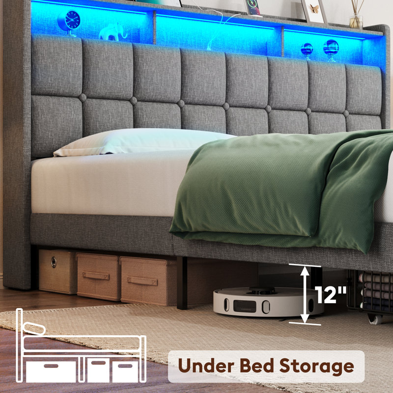 King Light Gray Upholstered Bed Frame with LED and Storage Drawers