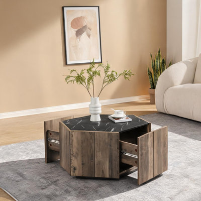 Table basse avec deux tiroirs cachés, panneau de fibres à densité moyenne hexagonal en brun clair et noir mat, plateau d'aspect marbre, pour le salon et la réception