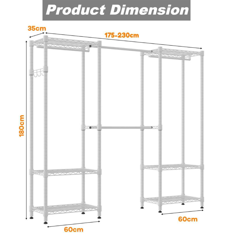 Bendik Clothing Rack with 4 clothes rails and 6 height-adjustable shelves 1 hook, White