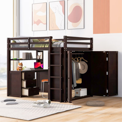 Lit mezzanine avec tiroirs, bureau et garde-robe