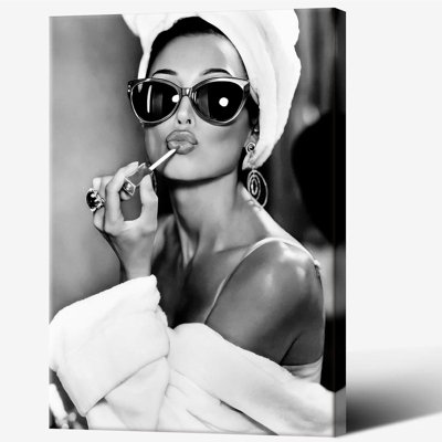 Audrey Hepburn Black & White Canvas Wall Art - Vintage Makeup Lipstick Print, Bathroom Decor, Retro Hollywood Artwork For Living Room & Bedroom Wall Decor 24X36in Wframed