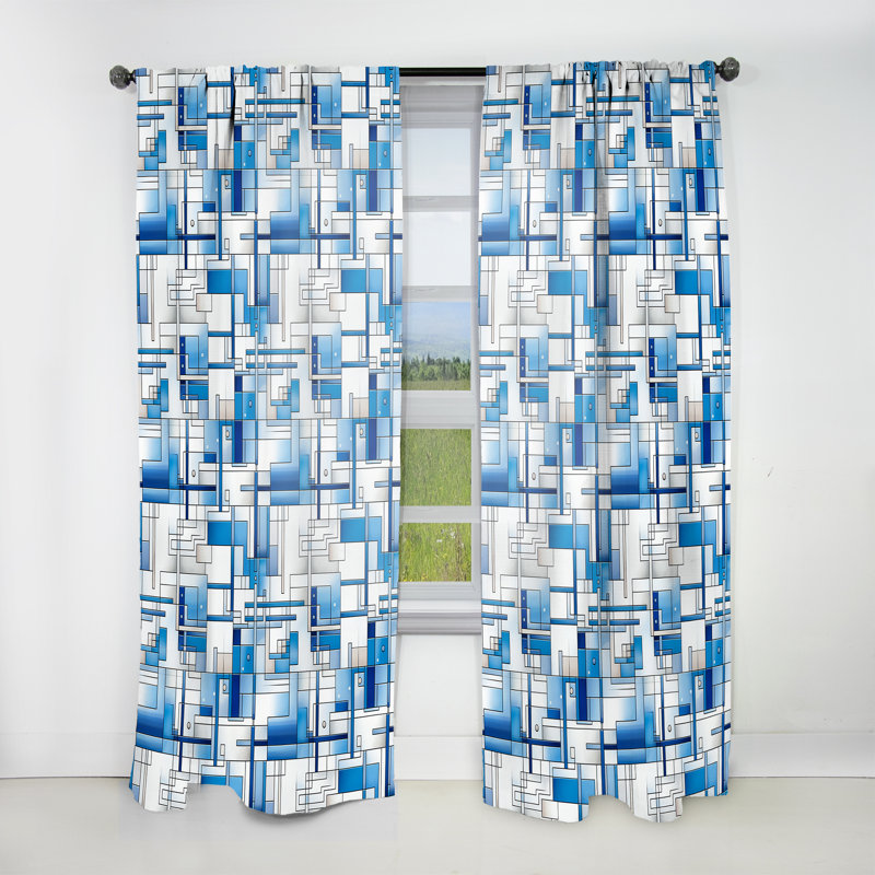 Rideau obscurcissant rétro géométrique blanc et bleu rétro - 1 panneau, L 52 po x L 63 po
