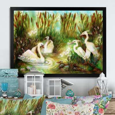 Paire de cygnes et de grues - reproduction sur toile
