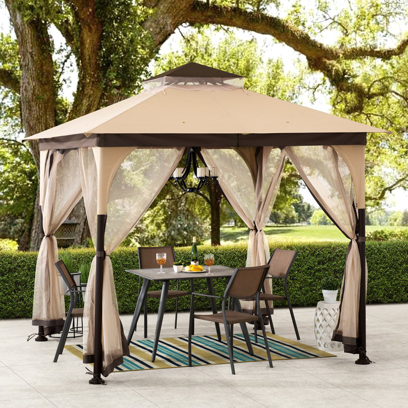 Sunjoy 9 ft. x 9 ft. Gazebo with 2-Tier Canopy Roof, Steel Frame Soft top Gazebo with Ceiling Hook and Mosquito Netting