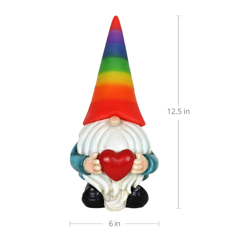 Solar Rainbow Hat Garden Gnome with Heart, 6 x 12.5 Inches