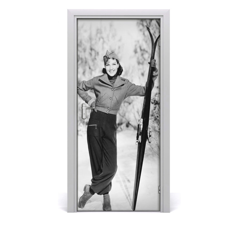 Woman With Skis Door Decal, 205cm H x 85cm W