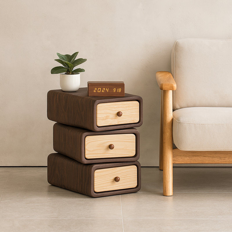 Solid Wood Nightstand End Table Bedside Table With 3 Rotating Drawers