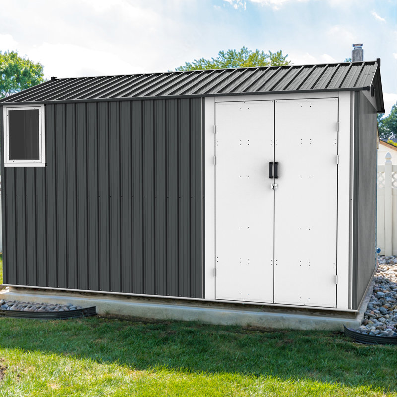 Remise de rangement en métal 8 pi x 12 pi avec plancher et porte à double charnière - évents de construction stable gris foncé