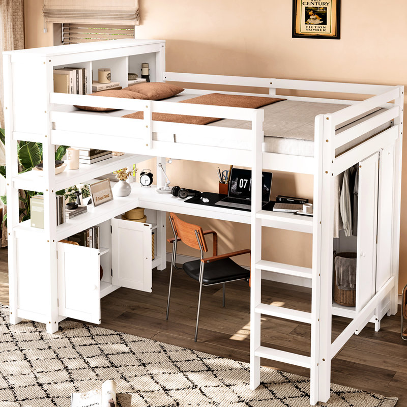 Lit mezzanine blanc avec dimensions pour grand lit, bibliothèque et armoire de rangement, hauteur de tablette réglable en L