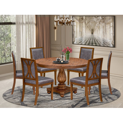 B79A17B2232A4988A9E917FF1F3B106F 7-Piece Dinette Set Includes a Round Table & 6 Polyester Chairs, Antique Walnut