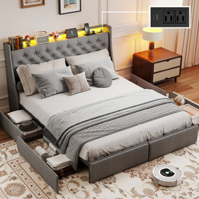 Lorisa Full Upholstered Platform Bed Frame, Bed With 4 Storage Drawers, Charging Station (2 USB), LED Lights And Storage Headboard