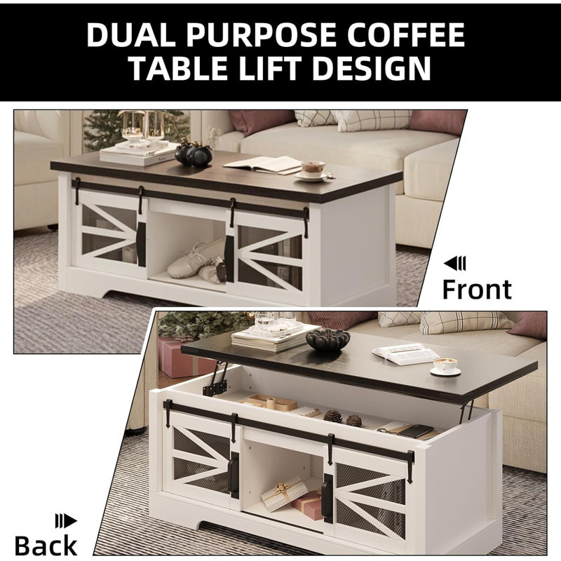 Lift Top Coffee Table, Multifunction Coffee Table With Sliding Barn Door, Hidden Storage Compartment, Black