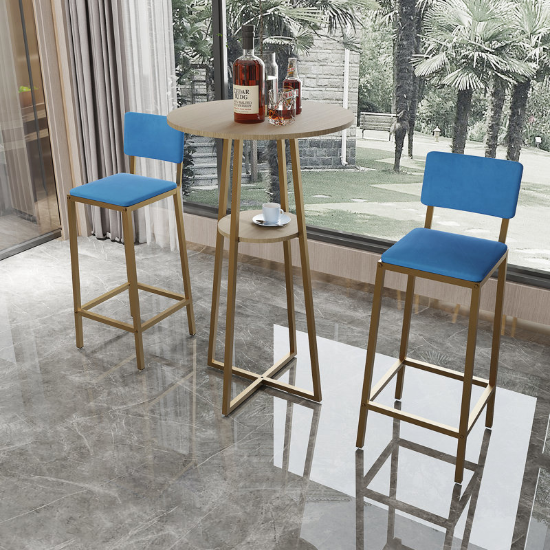 Ensemble de table et chaises de bar, ensemble de trois pièces, structure dorée, coussins et dossiers de siège en éponge, table de bar avec fonction de rangement (plateau de table doré + brun + coussin bleu)