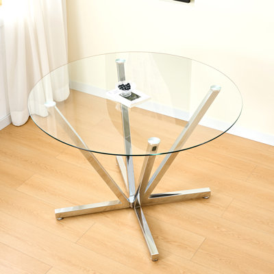 45.27"Round Dining Table,Tempered Glass Kitchen Tabe With Silver Chrome Plated Metal Legs,Modern Dining Room Table For For Kitchen, Living Room, Easy Assembly