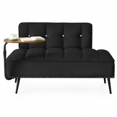 54-Inch Modern Two-Seater Velvet Sofa with Backrest & 360° Rotating Side Table – Entryway Ottoman, Multi-Use Bench, Office Desk and Chair Set, Black