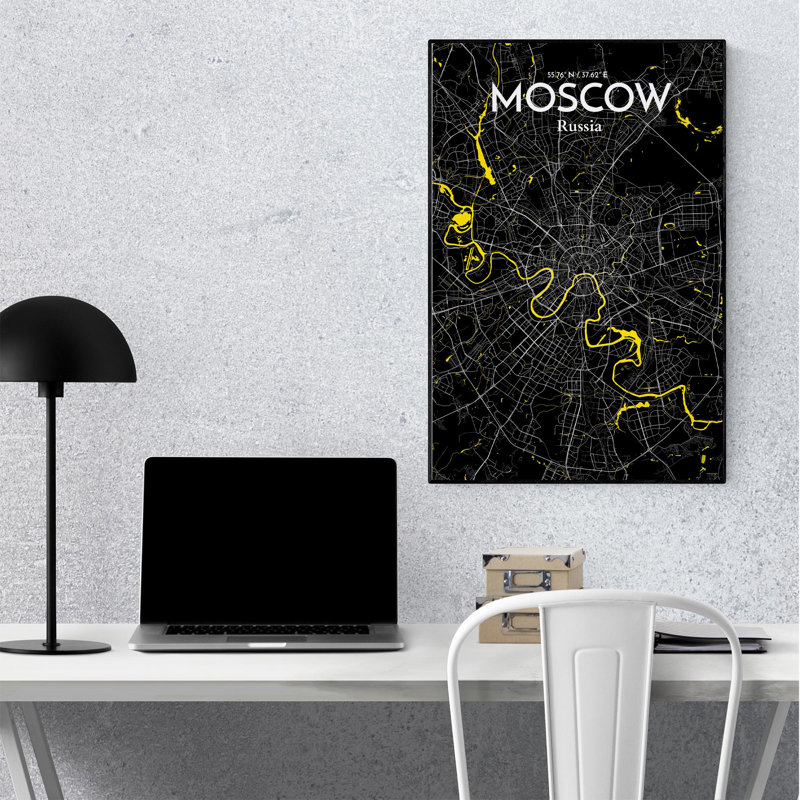 «Moscow City Map», impression, H 36 po x l 24 po, Noir / Jaune